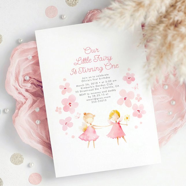 Invitation d'anniversaire de fée magique (Little Fairy Pink Floral Cute Whimsical 1st Birthday Invitation to Celebrate Baby Girl)