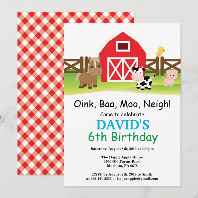 Invitation d'anniversaire de ferme Barnyard Party (Devant / Derrière)