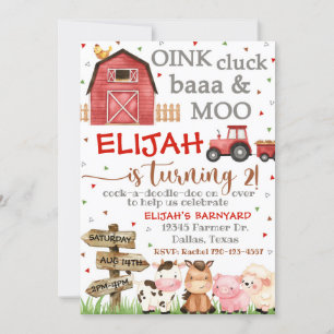 Invitation d'anniversaire de ferme, Oink Cluck Baa