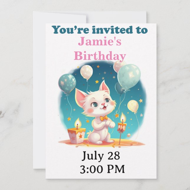 Invitation d'anniversaire de fête de chat personna (Devant)