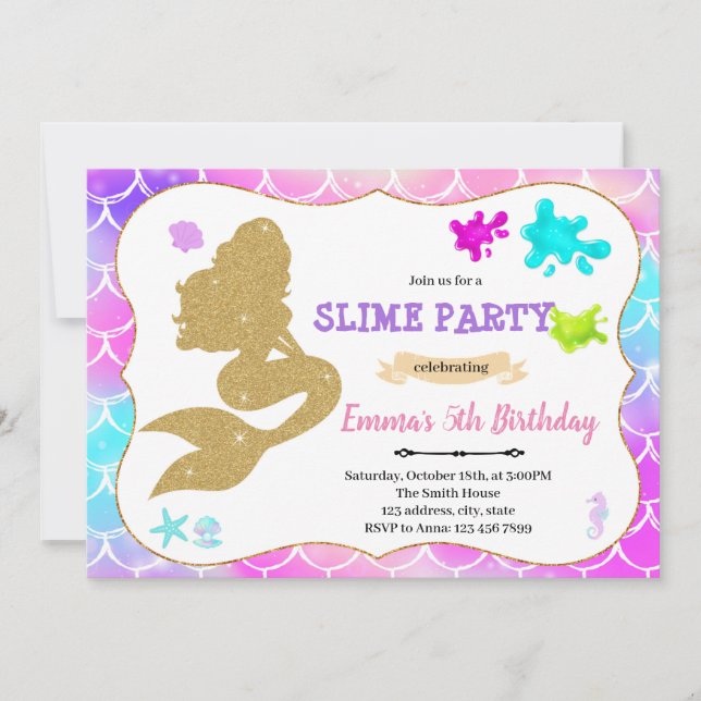 Invitation d'anniversaire de fête de slime de sirè (Devant)