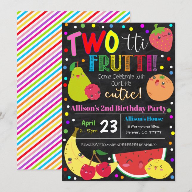 Invitation d'anniversaire de fête des fruits à deu (Devant / Derrière)