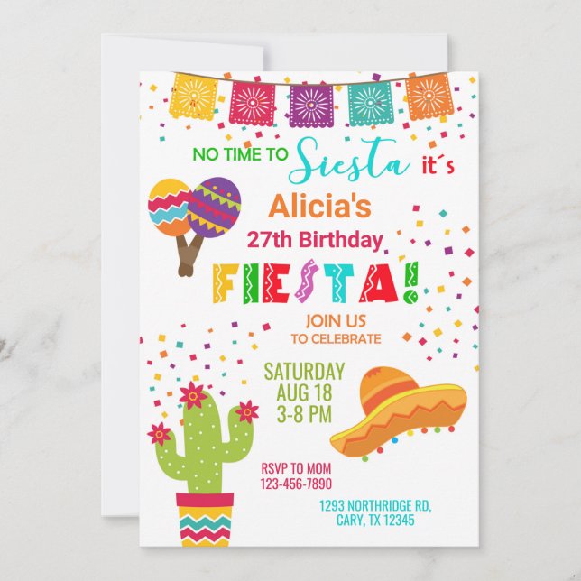 Invitation d'anniversaire de fiesta fille, tout âg (Devant)