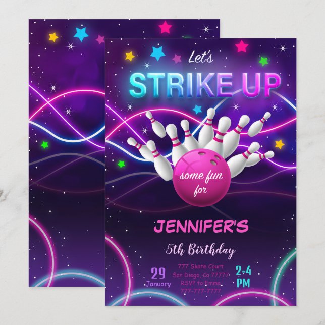 Invitation d'anniversaire de fille au bowling (Devant / Derrière)