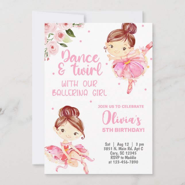 Invitation d'anniversaire de fille Ballerina, tour (Devant)