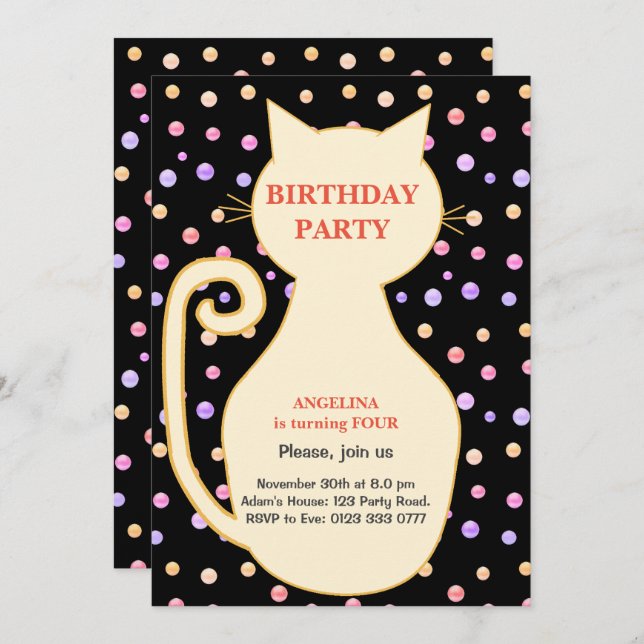 Invitation d'anniversaire de fille de chat (Devant / Derrière)
