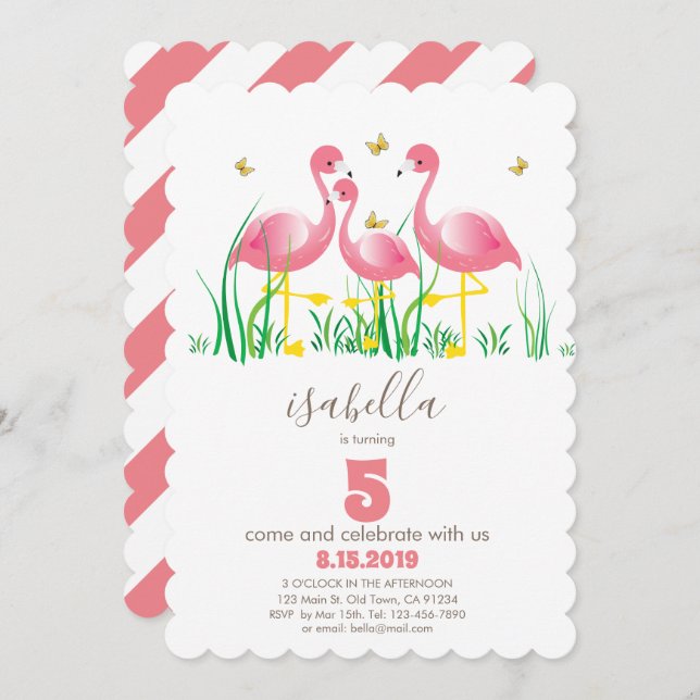 Invitation d'anniversaire de fille Flamant rose ro (Devant / Derrière)