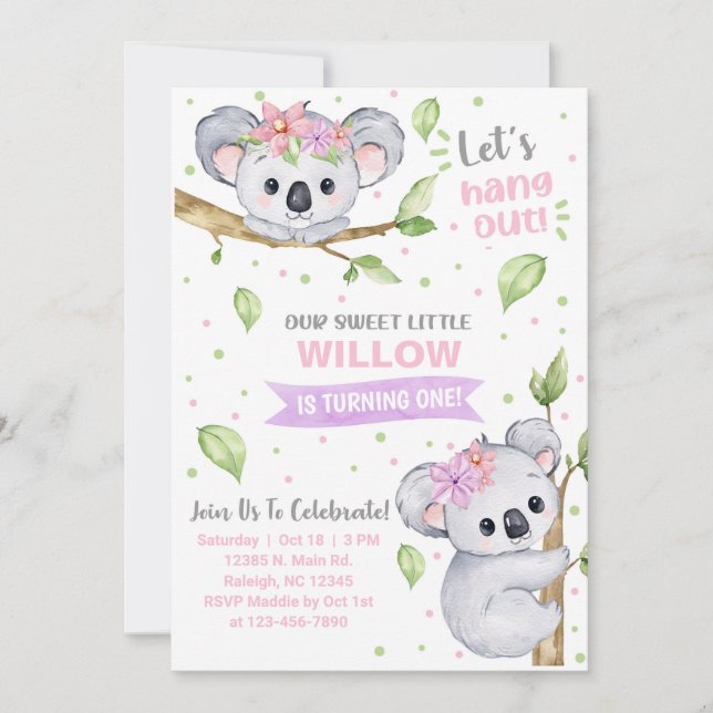 Invitation d'anniversaire de fille Koala, quel que (Devant)
