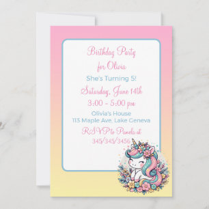 Invitation d'anniversaire de fille licorne rose mi