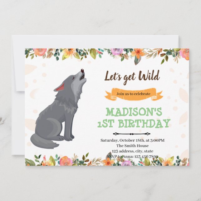 Invitation d'anniversaire de fille loup (Devant)