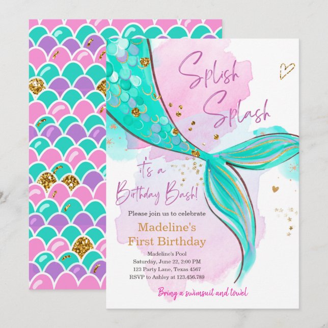 Invitation d'anniversaire de fille pour une fête a (Devant / Derrière)