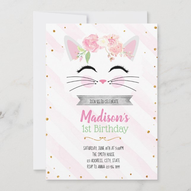 Invitation d'anniversaire de flower kitty cat (Devant)