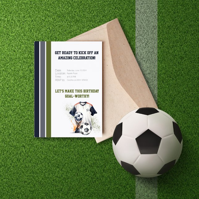Invitation d'anniversaire de football (Green Blue Soccer Birthday Party Invitation 1)