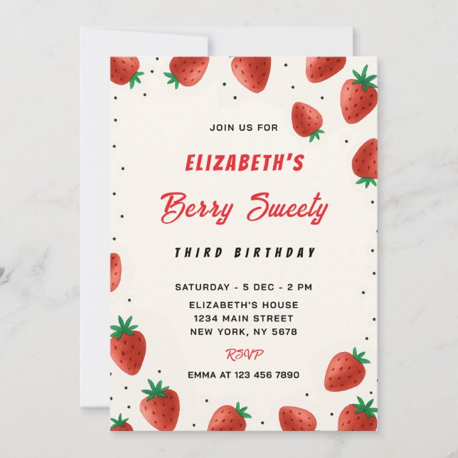 Invitation d'anniversaire de fraises (Devant)