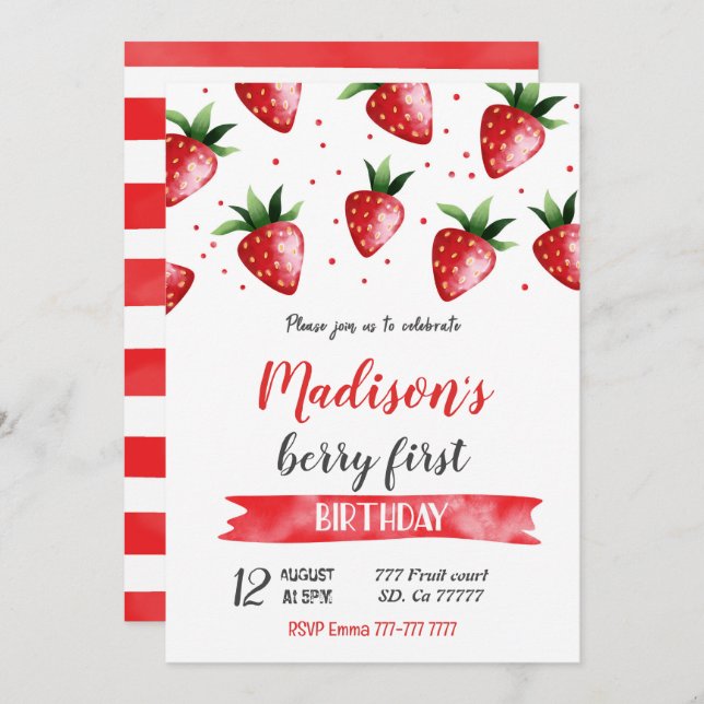 Invitation d'anniversaire de fraises (Devant / Derrière)