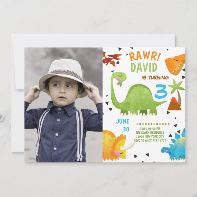 Invitation d'anniversaire de garçon avec dinosaure (Devant)