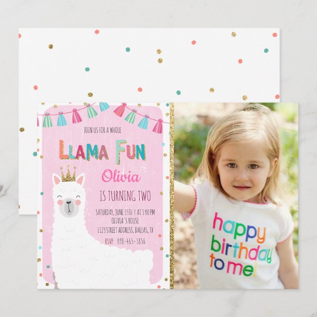 Invitation d'anniversaire de Girl Llama (Devant / Derrière)