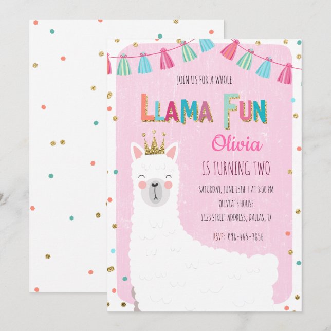 Invitation d'anniversaire de Girl Llama (Devant / Derrière)