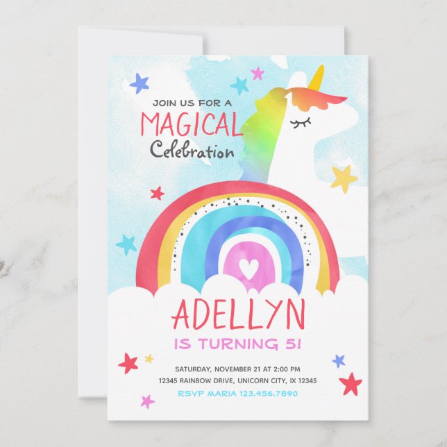 Invitation d'anniversaire de Girl Unicorn et Rainb (Devant)