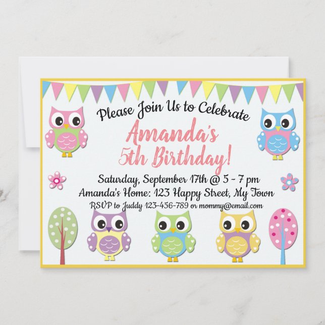 Invitation d'anniversaire de hibou (Devant)