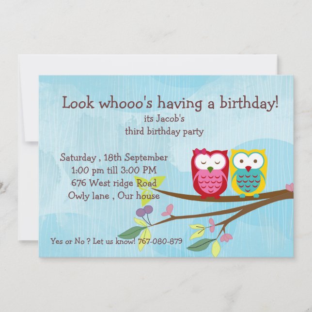 Invitation d'anniversaire de hibou (Devant)