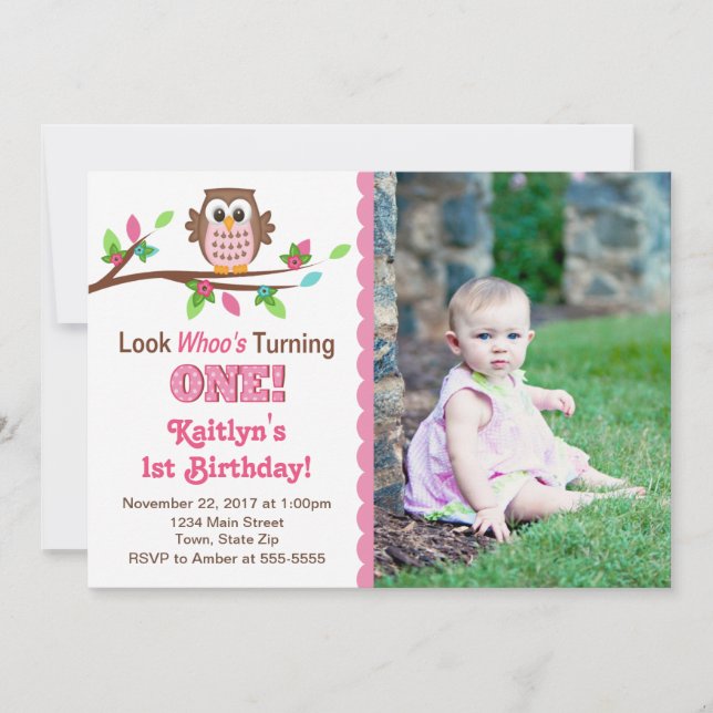 Invitation d'anniversaire de hibou fille rose 1er  (Devant)