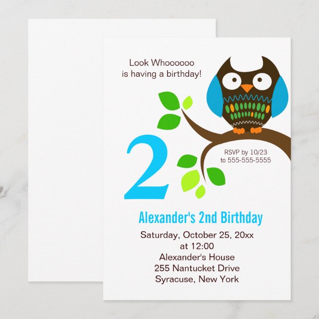 Invitation d'anniversaire de hibou pour garçons bl (Devant / Derrière)