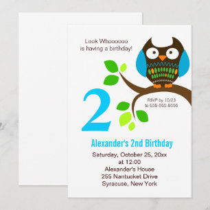 Invitation d'anniversaire de hibou pour garçons bl