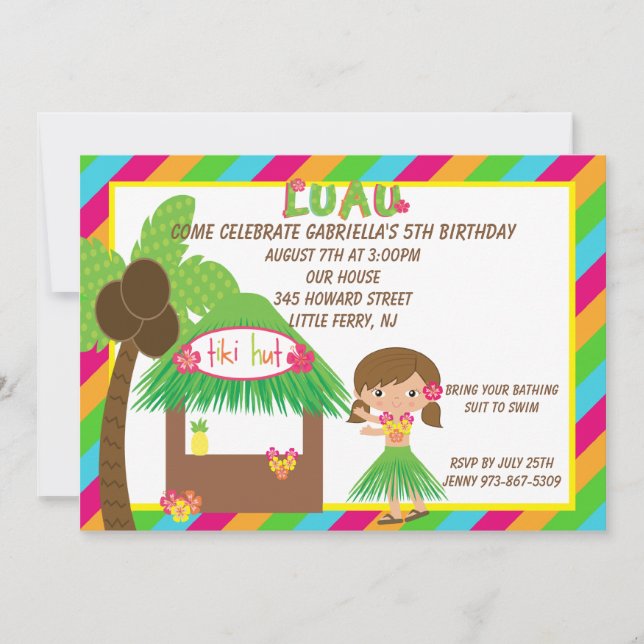 Invitation d'anniversaire de Hula Girl Tiki Hut (Devant)