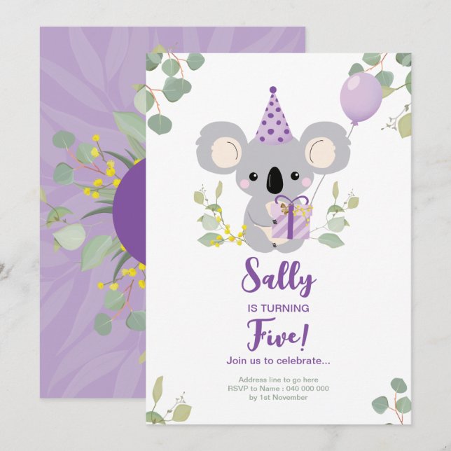 Invitation d'anniversaire de Koala (Devant / Derrière)