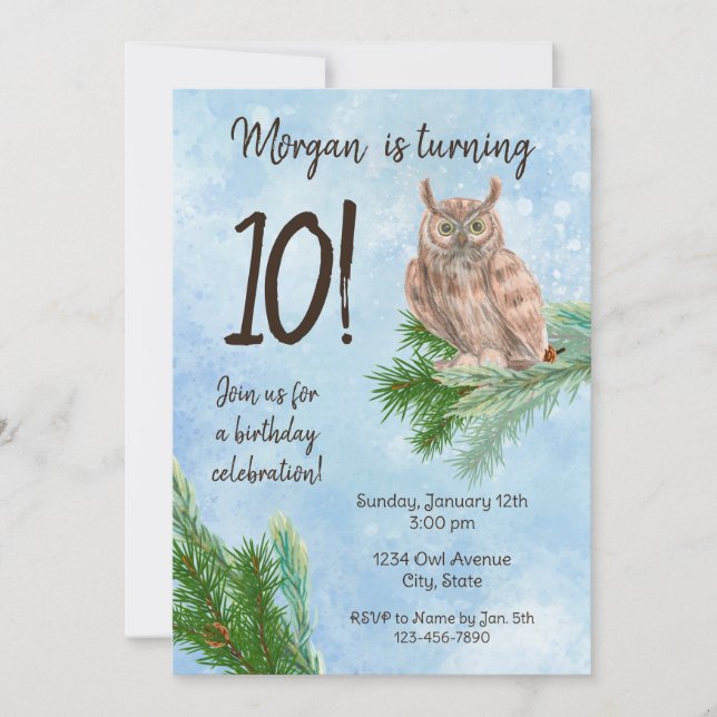 Invitation d'anniversaire de la Chouette d'hiver (Devant)