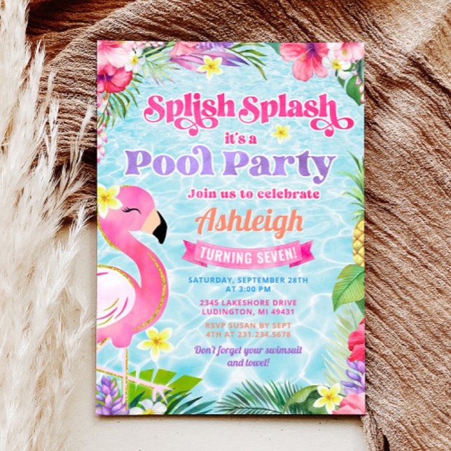 Invitation d'anniversaire de la fête de la piscine (Tropical Girly Pool Party Birthday Invitation)