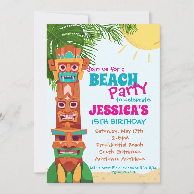 Invitation d'anniversaire de la fête de Tiki Beach (Devant)