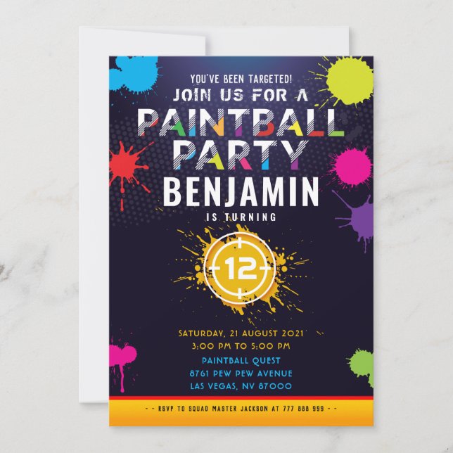 Invitation d'anniversaire de la fête du Paintball (Devant)
