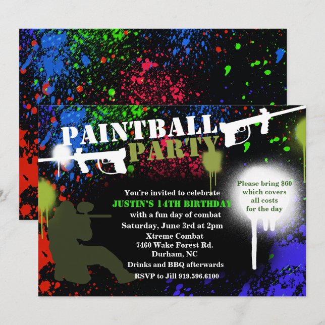 Invitation d'anniversaire de la fête du Paintball (Devant / Derrière)