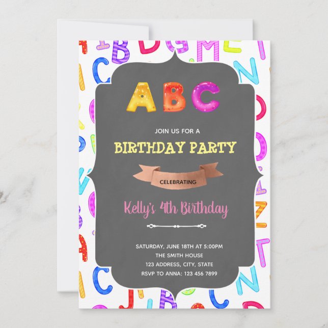 Invitation d'anniversaire de la fille Alphabet (Devant)