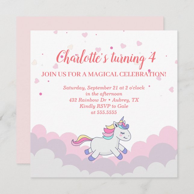 Invitation d'anniversaire de la fille Cloud & Unic (Devant / Derrière)