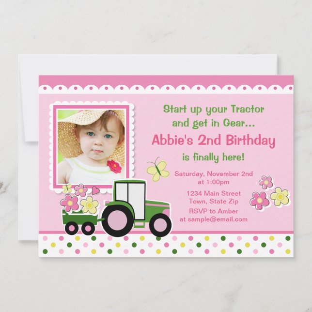 Invitation d'anniversaire de la fille de tracteur  (Devant)