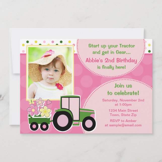 Invitation d'anniversaire de la fille de tracteur  (Devant)