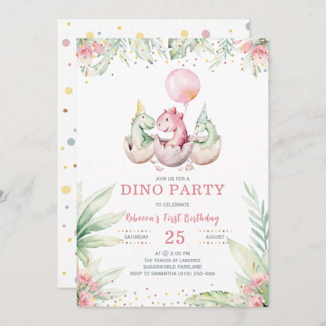 Invitation d'anniversaire de la fille Dinosaur (Devant / Derrière)
