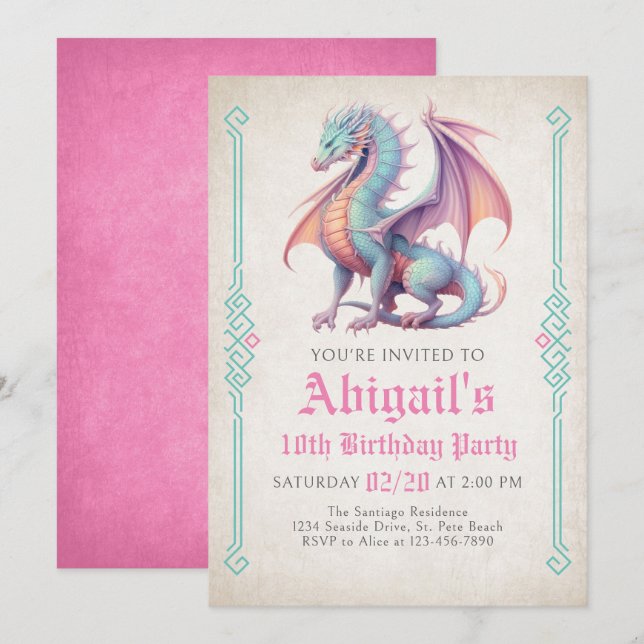 Invitation d'anniversaire de la fille Dragon (Devant / Derrière)