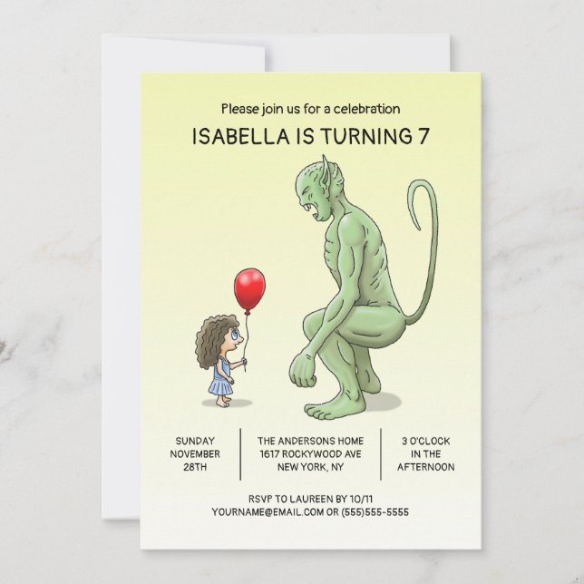 Invitation d'anniversaire de la fille et du troll (Devant)