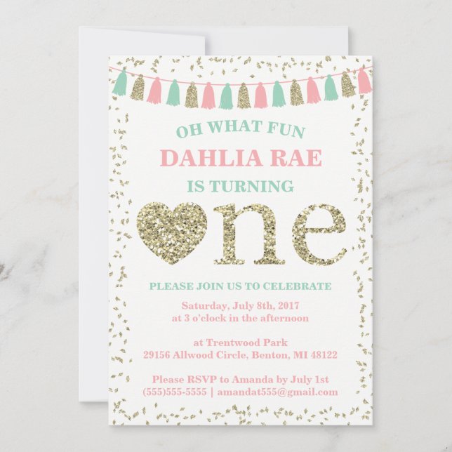 Invitation d'anniversaire de la fille Monnaie rose (Devant)