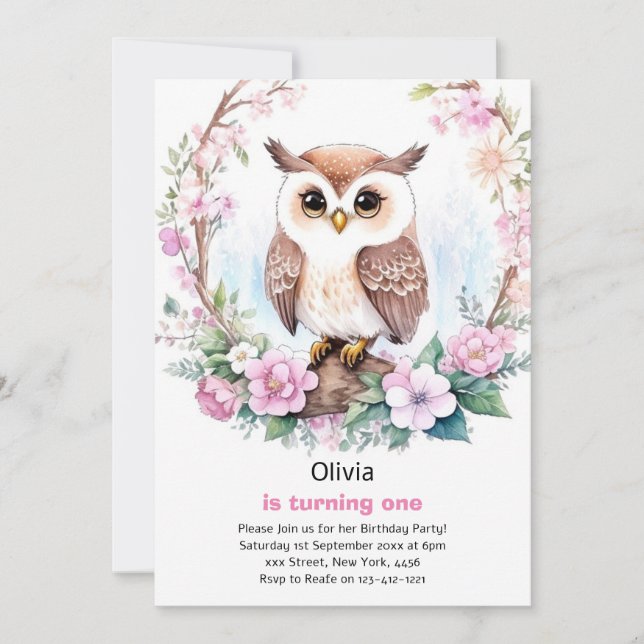 Invitation d'anniversaire de la fille Owl (Devant)