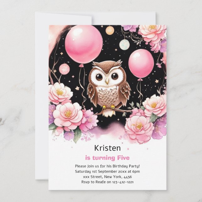 Invitation d'anniversaire de la fille Owl Kids (Devant)