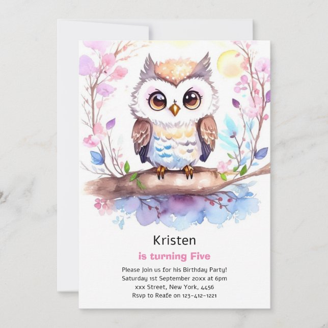 Invitation d'anniversaire de la fille Owl Kids (Devant)