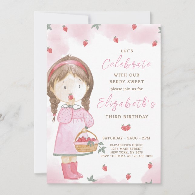 Invitation d'anniversaire de la fraise fille (Devant)