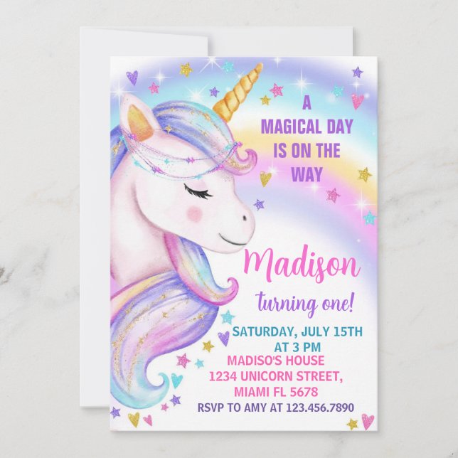 Invitation d'anniversaire de la licorne (Devant)