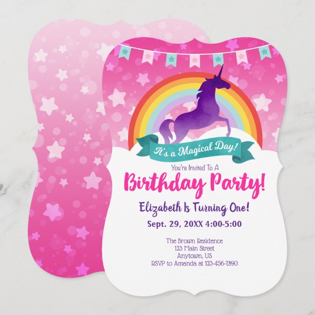 Invitation d'anniversaire de la licorne (Devant / Derrière)