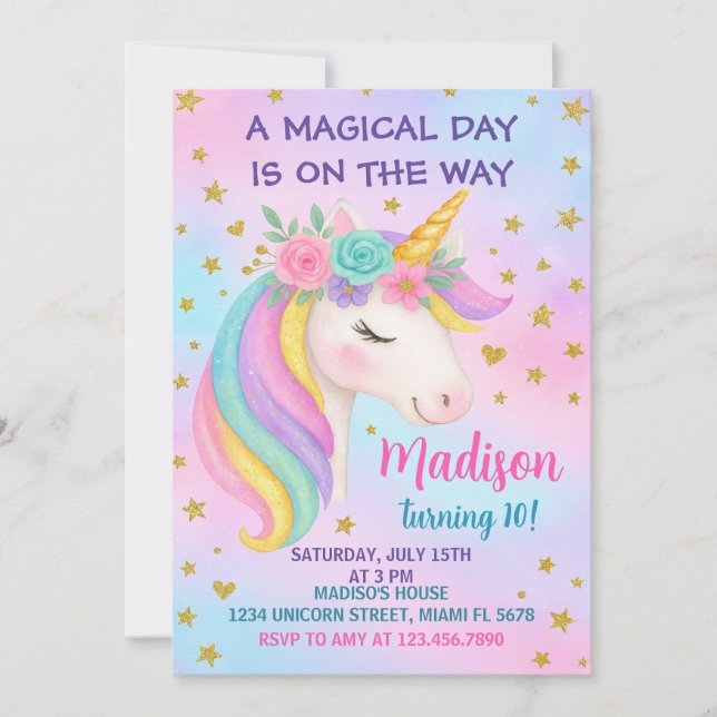 Invitation d'anniversaire de la licorne (Devant)